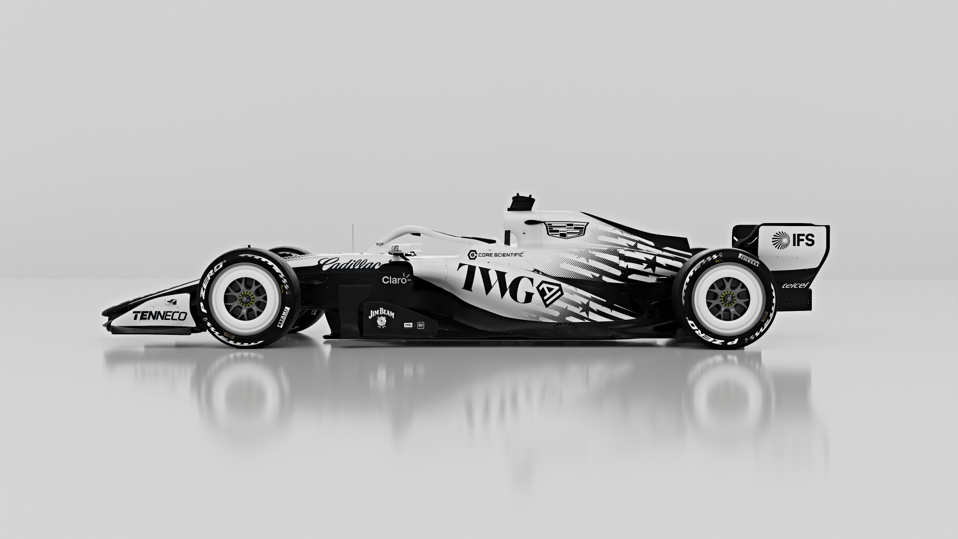 The Cadillac Formula 1 Team's bespoke stars-and-stripes Miami Grand Prix livery, presented by TWG AI, in an official team render.